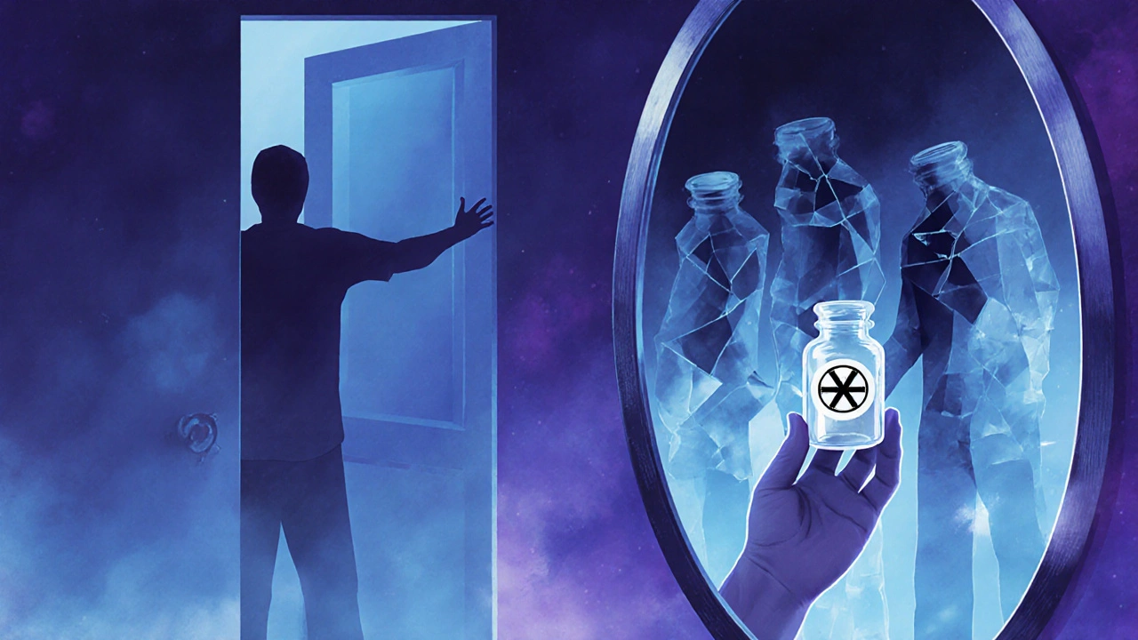 Ruka drží láhev s neznámou látkou, zrcadlo odrazuje rozdělené obrazy osoby.