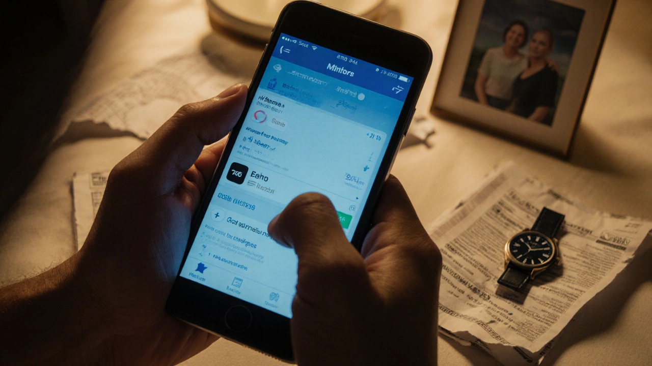 Ruka drží mobil s aplikací na sázení, na pozadí roztrhané bankovní výpisy a obrázek rodiny.