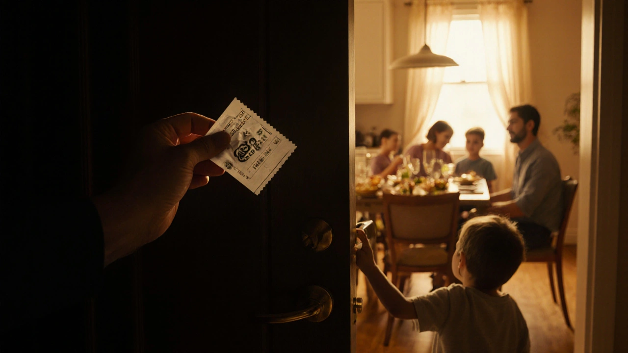 Ruka drží sázku za zavřenými dveřmi, zvenku se svítí kuchyně, kde rodina večeří.
