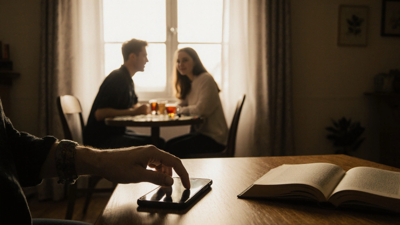 Ruka klade telefon na stůl, zatímco dva lidé spolu pijií čaj ve třetí hodině odpoledne.