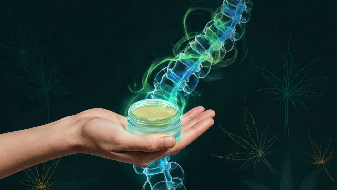 Ruka masíruje bolestivou páteř s abstraktními vlnami protizánětlivé energie.