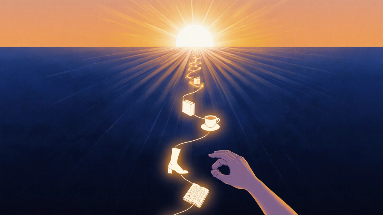 Ruka se táhne z temnoty k světlé cestě symbolizující obnovu bez alkoholu.