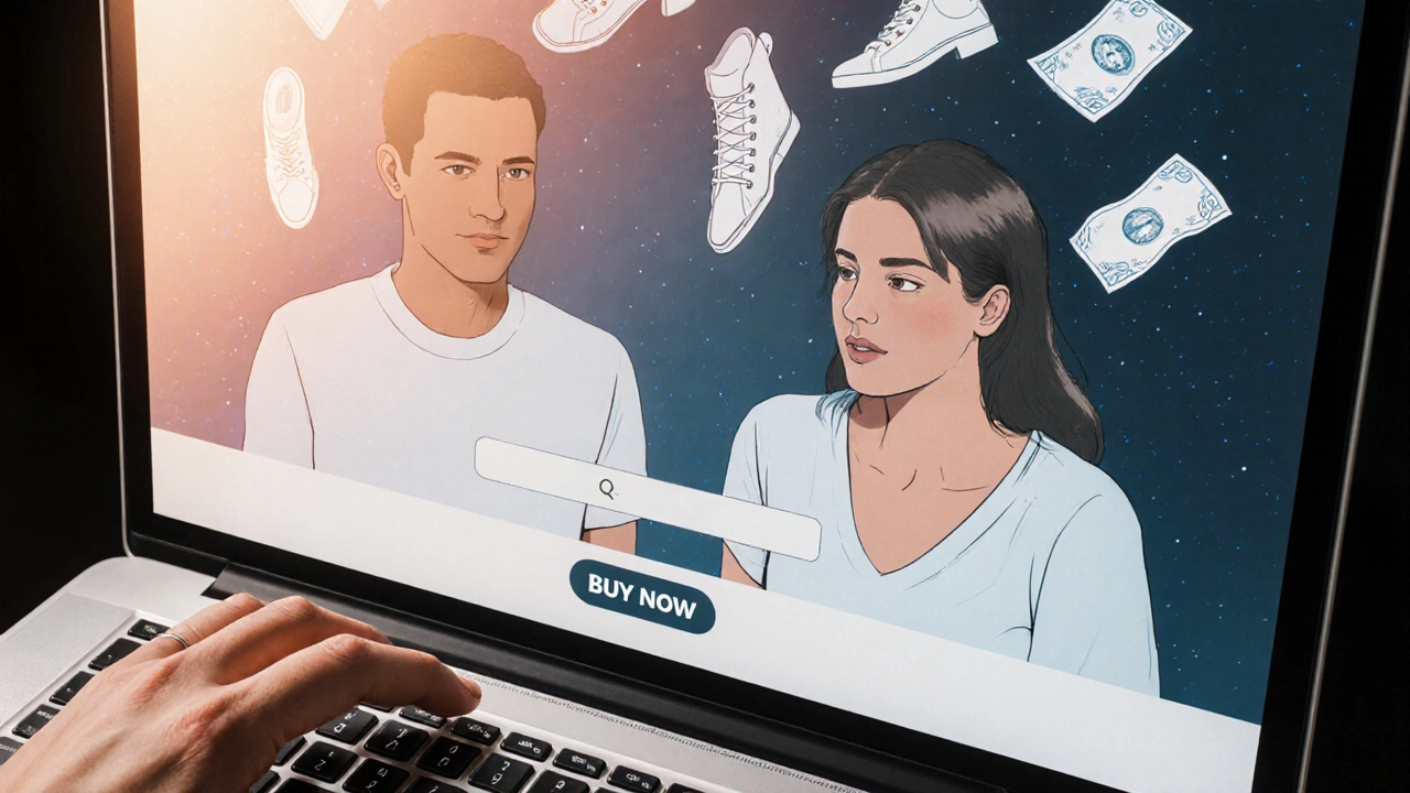 Ruka se zastaví nad tlačítkem &#039;Koupit&#039;, za ní se odrazuje dvě verze téže osoby — klidná a zmatená.