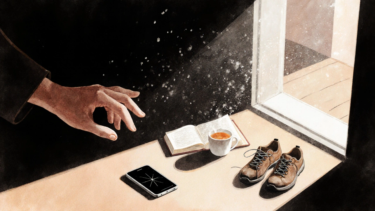 Ruka táhne k knize a obuvce, zatímco telefon leží vypnutý ve tmě.