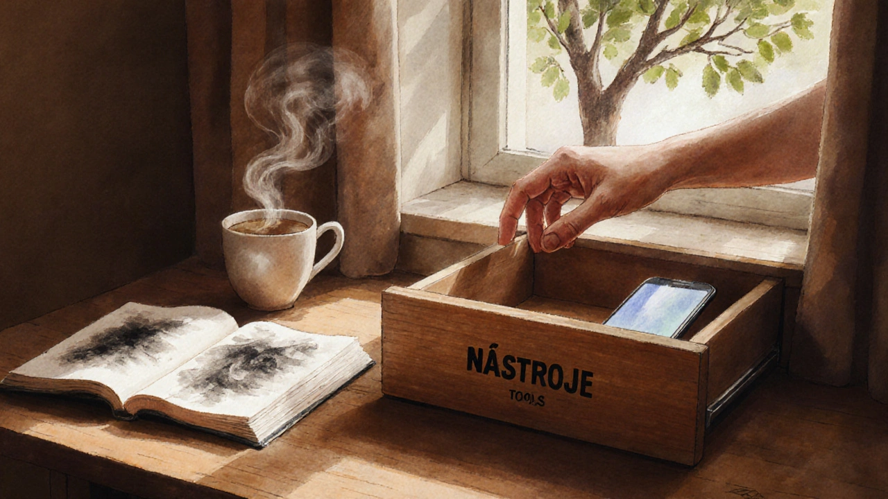 Ruka ukládá telefon do šuplíku, vedle něj kniha, kresba a čaj, sluneční světlo padá na strom za oknem.