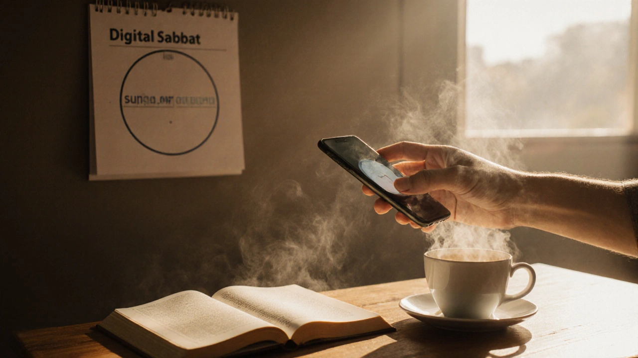 Ruka vypíná telefon vedle šálku čaje a otevřené knihy, slunce osvětluje klidnou scénu.