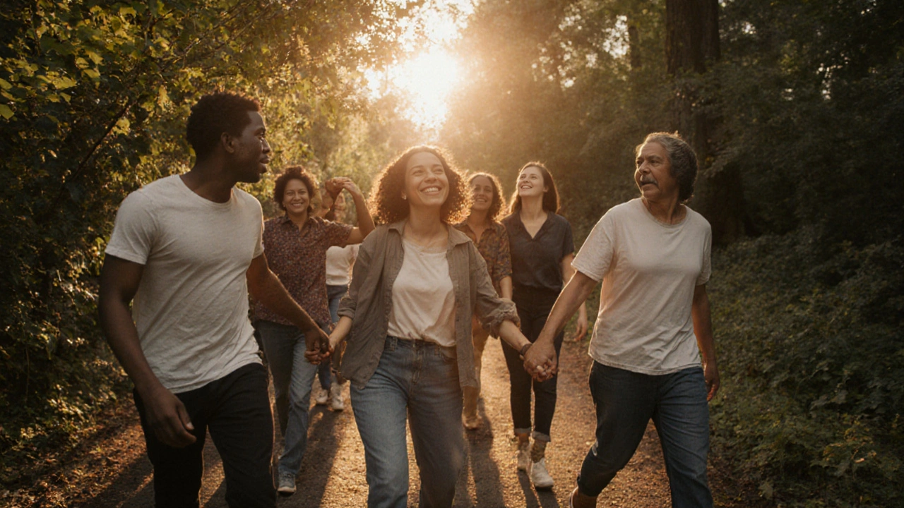 Skupina lidí kráčí lesní cestou na západu slunce, znázorňující podporu a naději v čistotě.