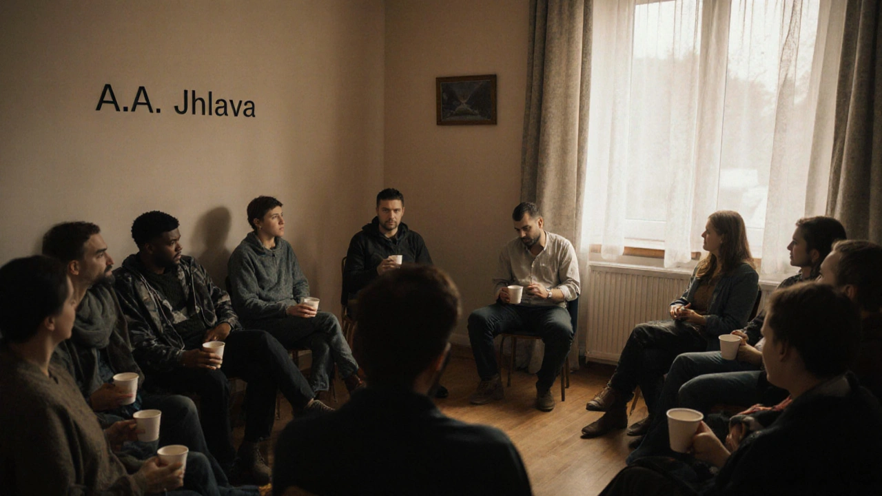 Skupina lidí se setkává na schůzce A.A. v kulturním domě.