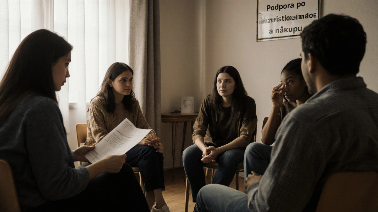 Skupina lidí se setkává v podpůrné skupině, sdílí příběhy a pláčí v klidném prostředí.