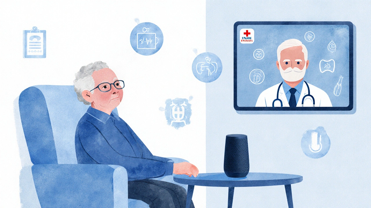 Starší pacient konzultuje s lékařem přes obrazovku v domácím prostředí, na stole jsou zdravotní senzory.