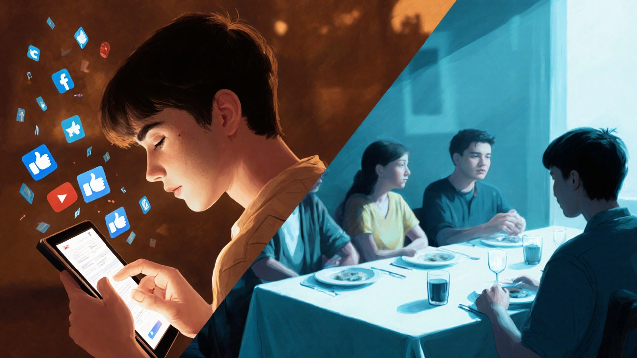 Teen scrolling on tablet while family ignores them at dinner, digital vs real life contrast.
