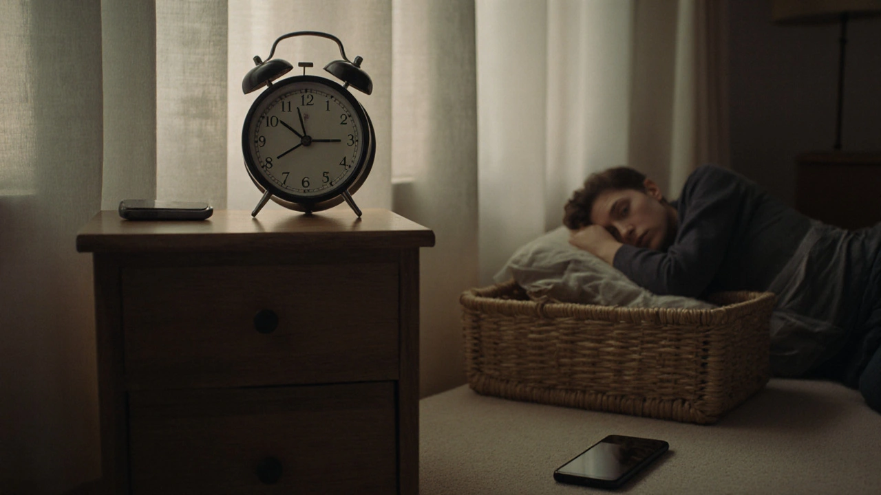 Tradiční budík na nočním stolku vedle vypnutého mobilu v košíku, pokoj v jemném ranním světle.