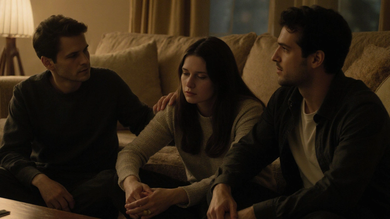 Tři lidé sedí v kruhu, jeden je zmatený, další dva ho klidně podporují bez slov.