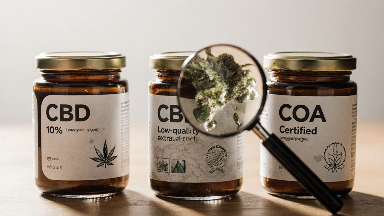 Tři nádoby s mastmi, jedna s potvrzenou kvalitou, bez textu.