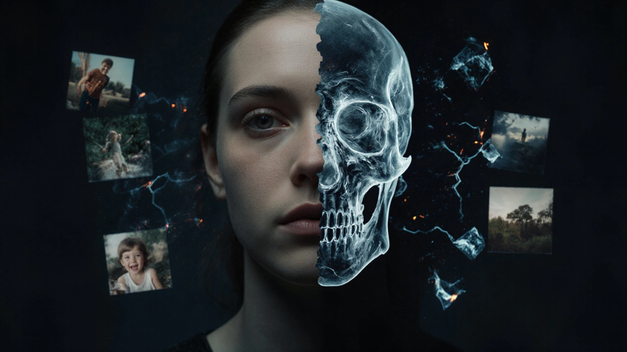 Tvář člověka, která se mění od lidské k prázdné lebce plné chemických vzorů