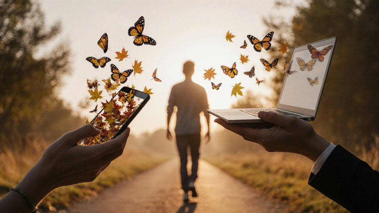 Zařízení se mění v listy a motýly, zatímco člověk kráčí venku v zlatém světle.