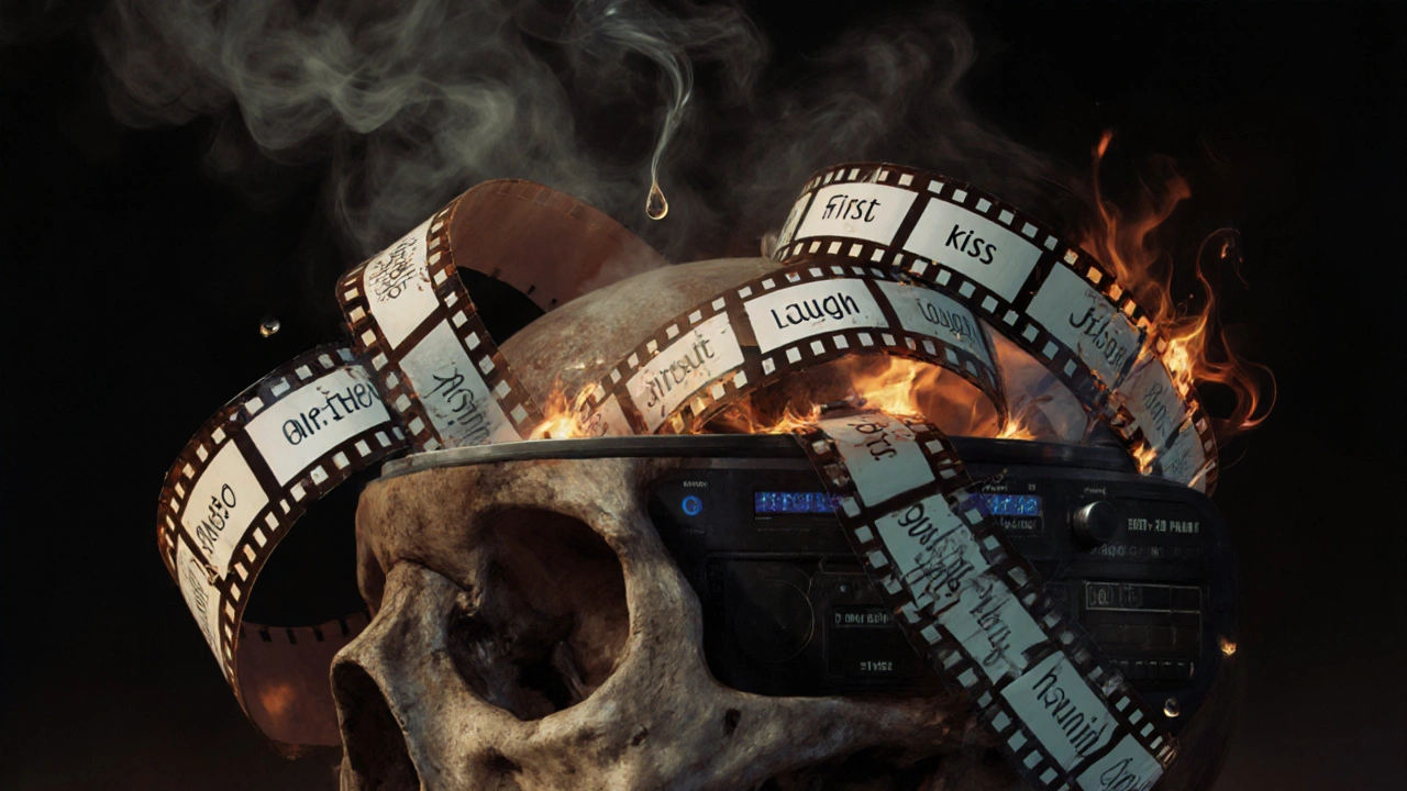 Zlomený nahrávač v lebce, kde se spalují vzpomínky jako filmové pásy, kape alkohol.