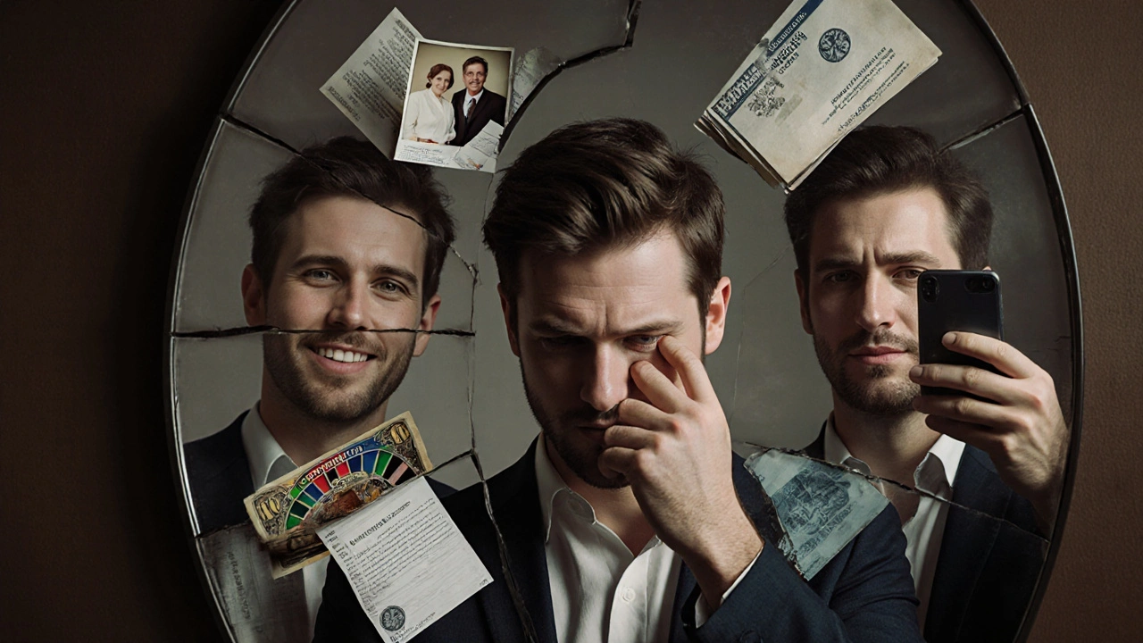 Zrcadlo odrazí tři různé verze muže: jednoho, který sází, jednoho, který pláče, a jednoho, který je bez emoce.