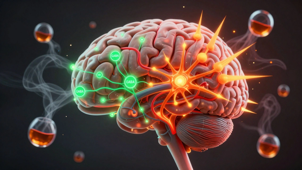 Abstraktní mozek s chemickými signály: klidná zelená a chaotická oranžová cesta, alkoholové molekuly se rozptýlí.