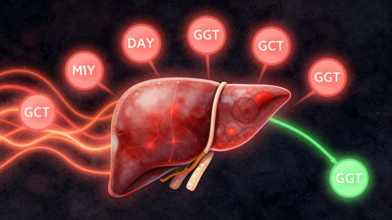 Člověčí játra s vlnami alkoholových metabolitů, které postupně mizí během sedmi dní.