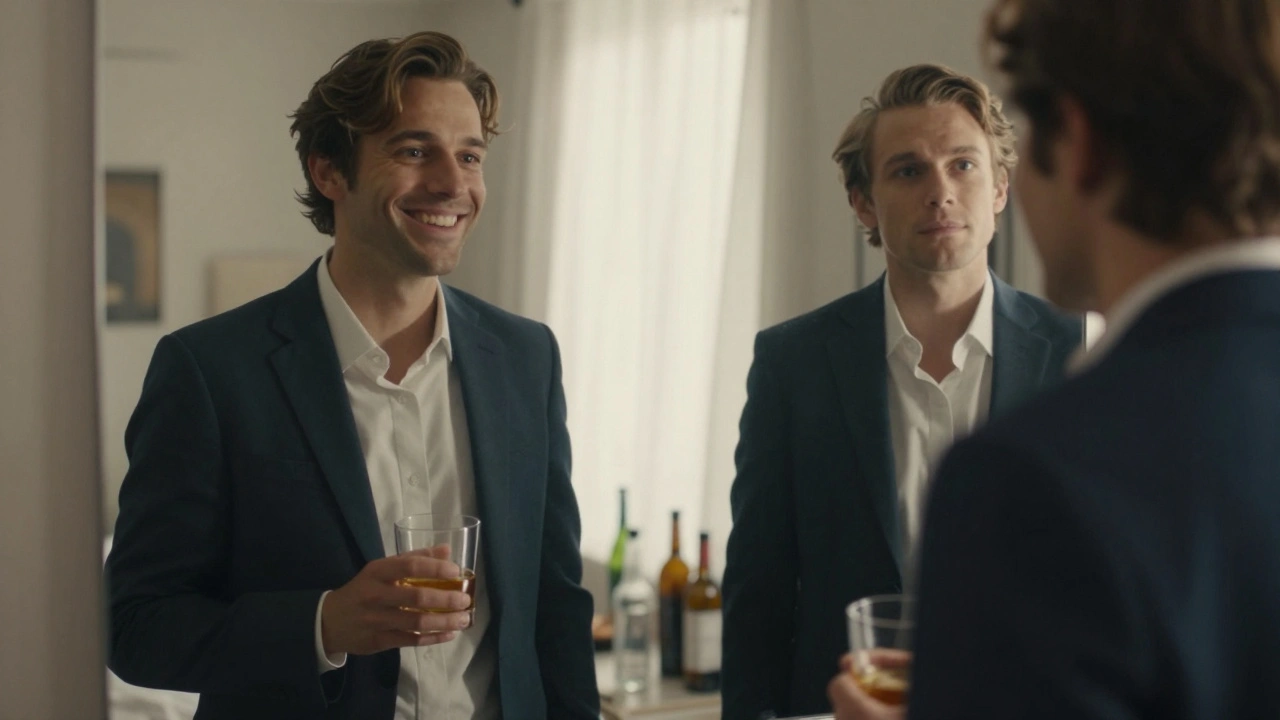 Člověk před zrcadlem, jeho odraz ukazuje dvě verze sebe: jednu s alkoholem, druhou klidnou a autentickou.