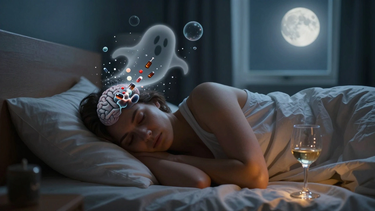 Člověk spící s narušeným spánkem a alkoholovými molekulami v mozku