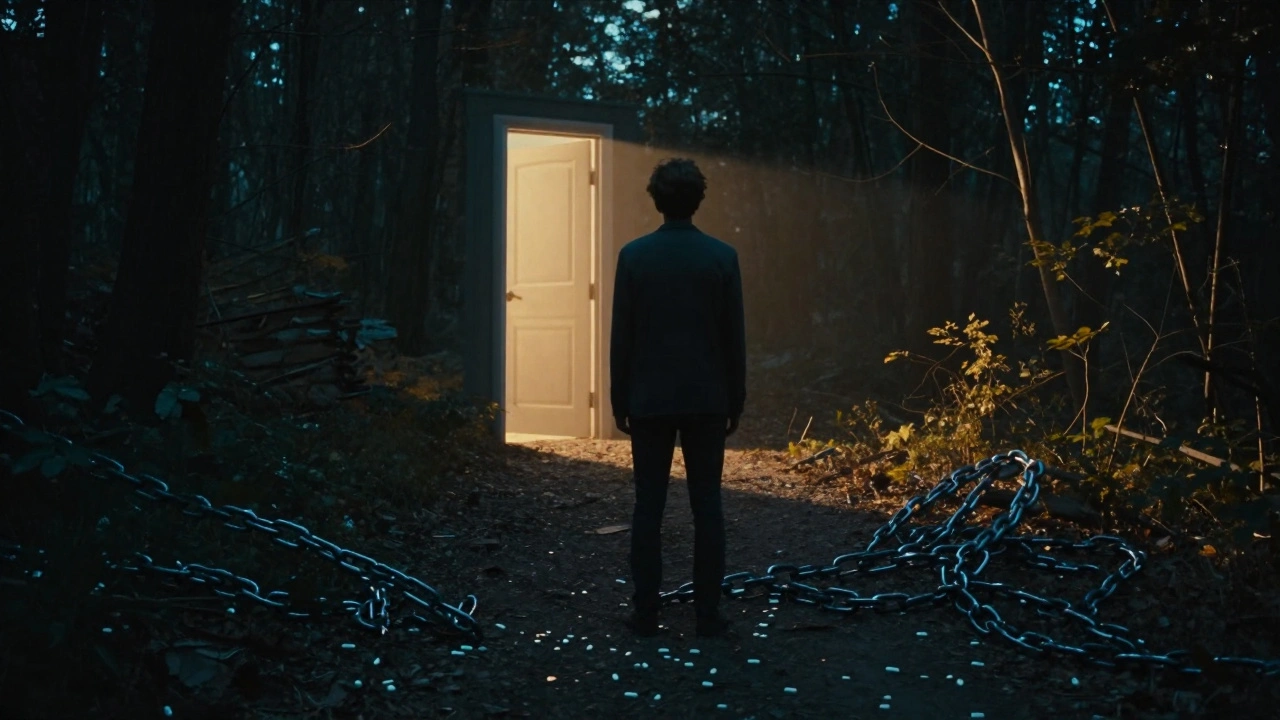 Člověk stojí na kraji temné cesty, za ním otevřená dveře s teplým světlem, symbolizující volbu a naději.