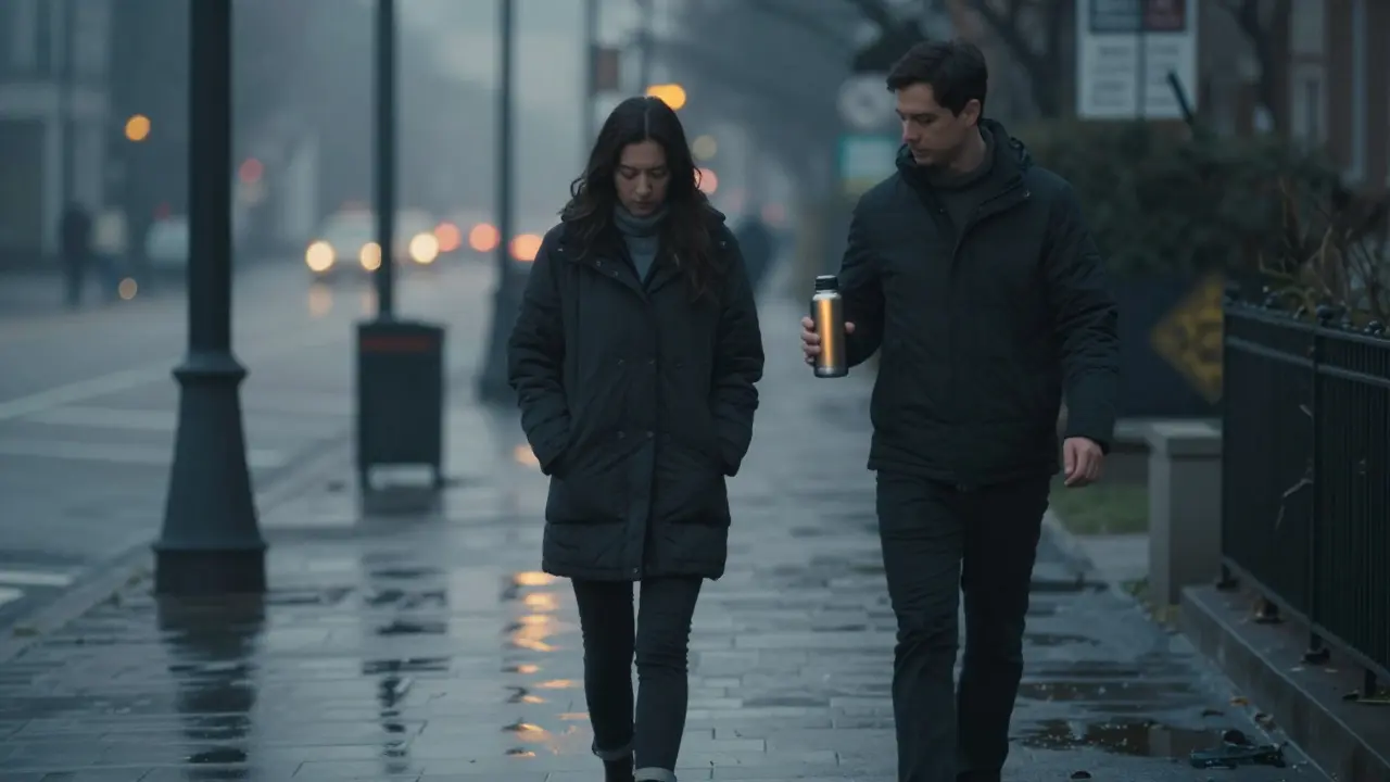 Dva lidé jdou po ulici ráno, jeden nabízí kávu bez slov, jen přátelskou přítomnost.