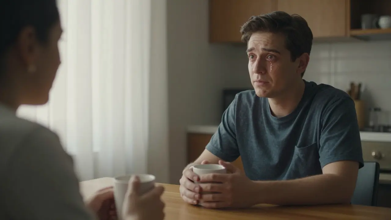 Dva lidé sedí u kuchyňského stolu, vzájemný pohled plný starostlivosti a podpory.