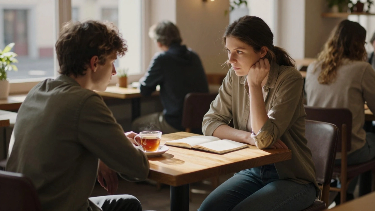 Dvě osoby v kavárně v Ostravě — jedna poslouchá druhou s laskavostí.