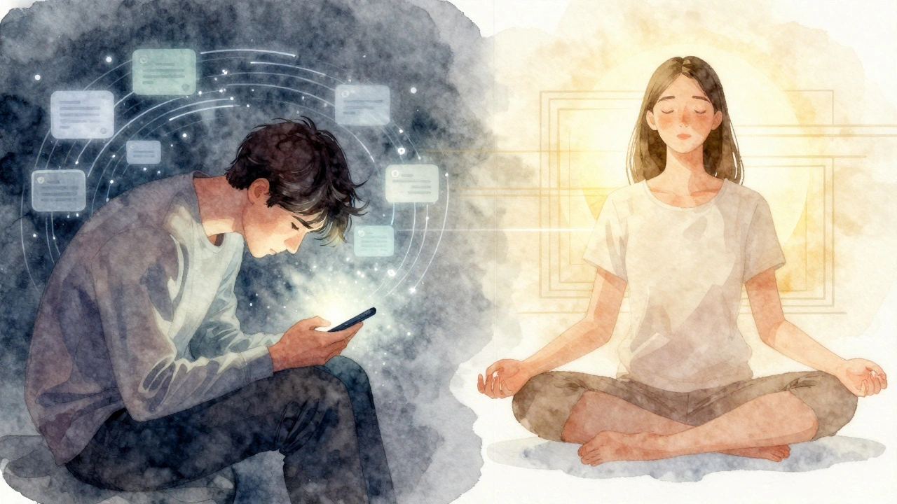 Dvě postavy: jedna se zhrbena s telefonem, druhá sedí přímo s očima zavřenými — kontrast pasivního a vědomého stavu.