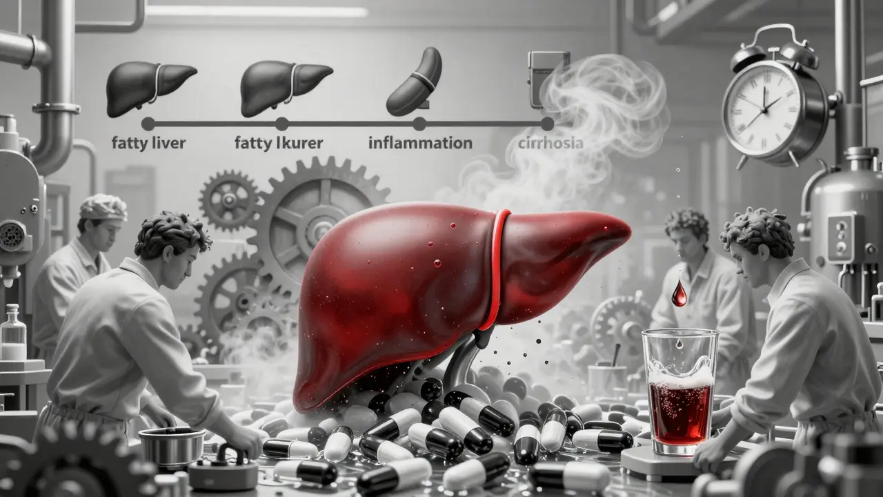 Játra jako továrna přetížená rozkladem alkoholu s příznaky chronického poškození.