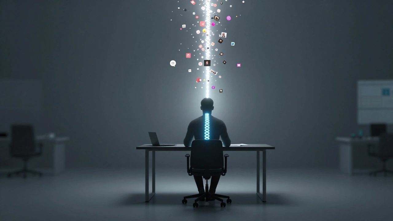 Lidská silueta s osvětlenou páteří jako sloupem světla, digitální prvky se kolem ní vznášejí, ale nezasahují.