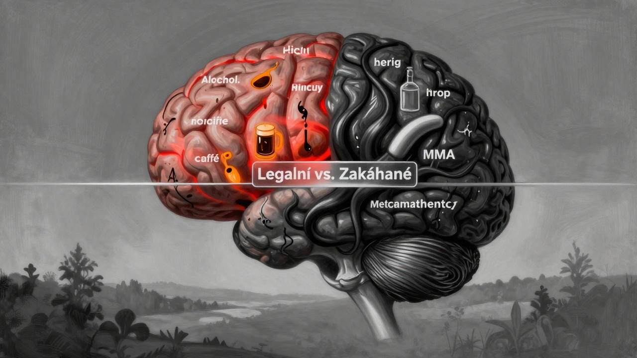 Lidský mozek rozdělený mezi legální a ilegální drogy.