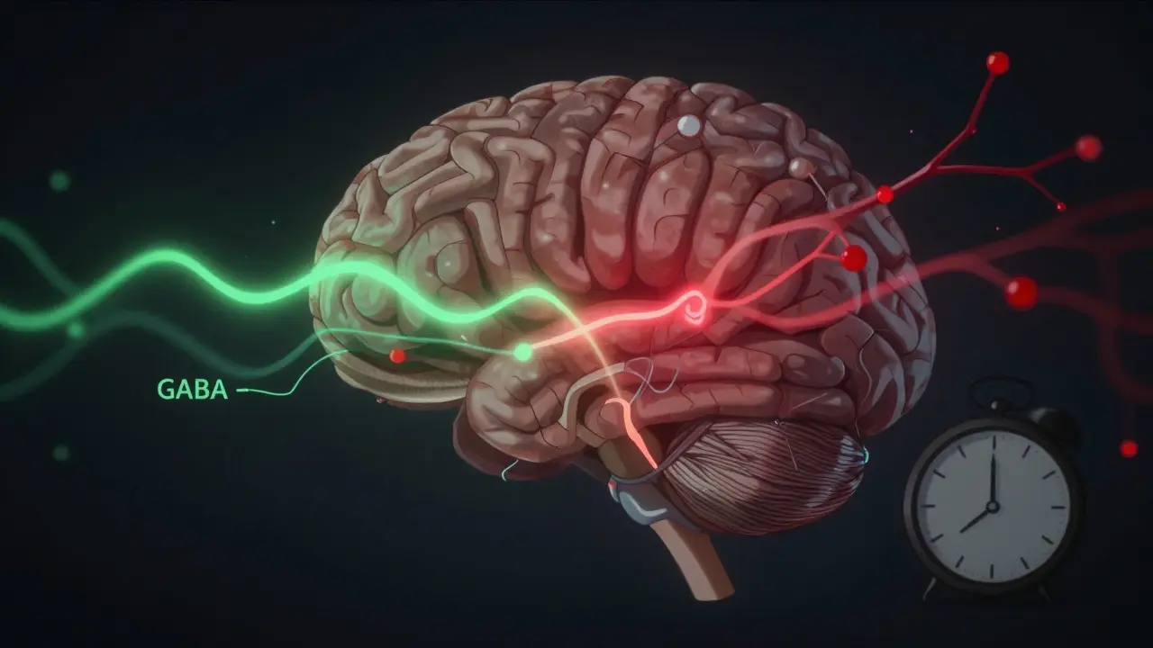 Lidský mozek s chemickými reakcemi alkoholu na neurotransmitery GABA a glutamat.