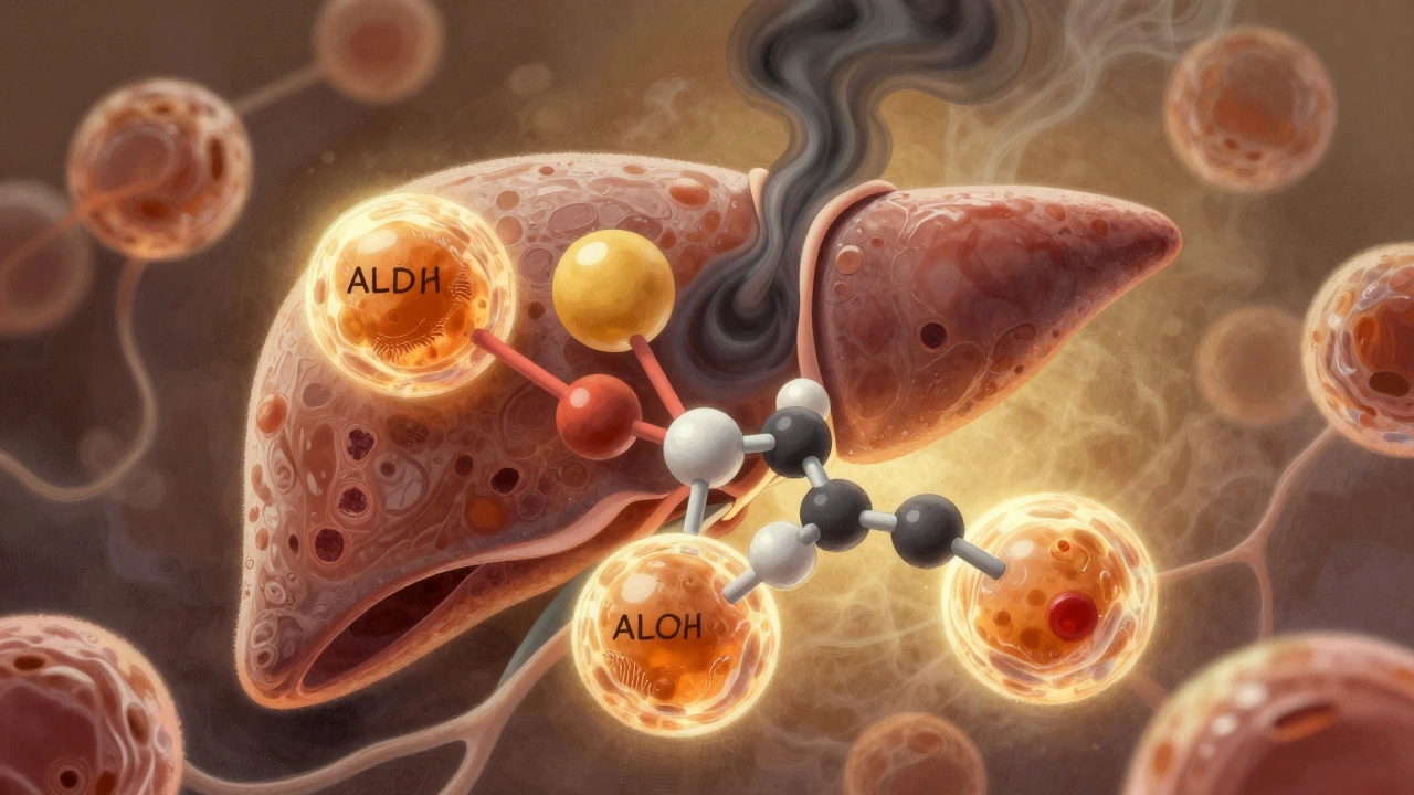 Mikroskopický pohled na játra, kde enzymy přeměňují alkohol na toxické látky