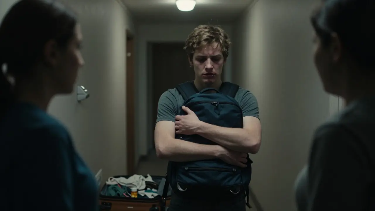 Mladý člověk ve tmavém chodbě se vyhýbá pohledu rodiny, rty černé, nehty poškozené.