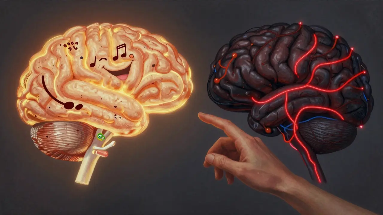 Mozek rozdělený na dvě části: jedna svítí přirozenou radostí, druhá je přetížená drogami.