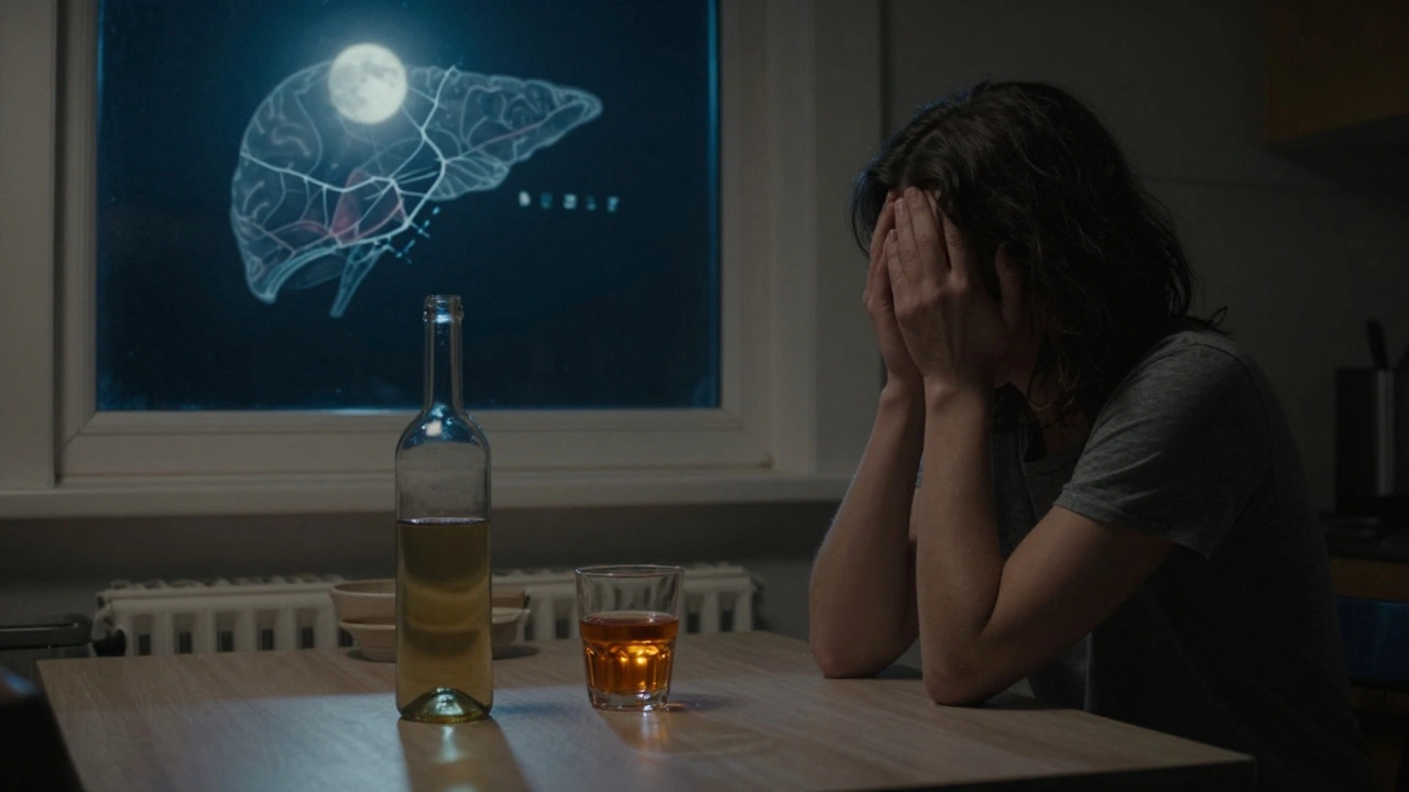 Osamělá osoba u stolu s prázdnou láhvií, její odraz ukazuje poškozené játro