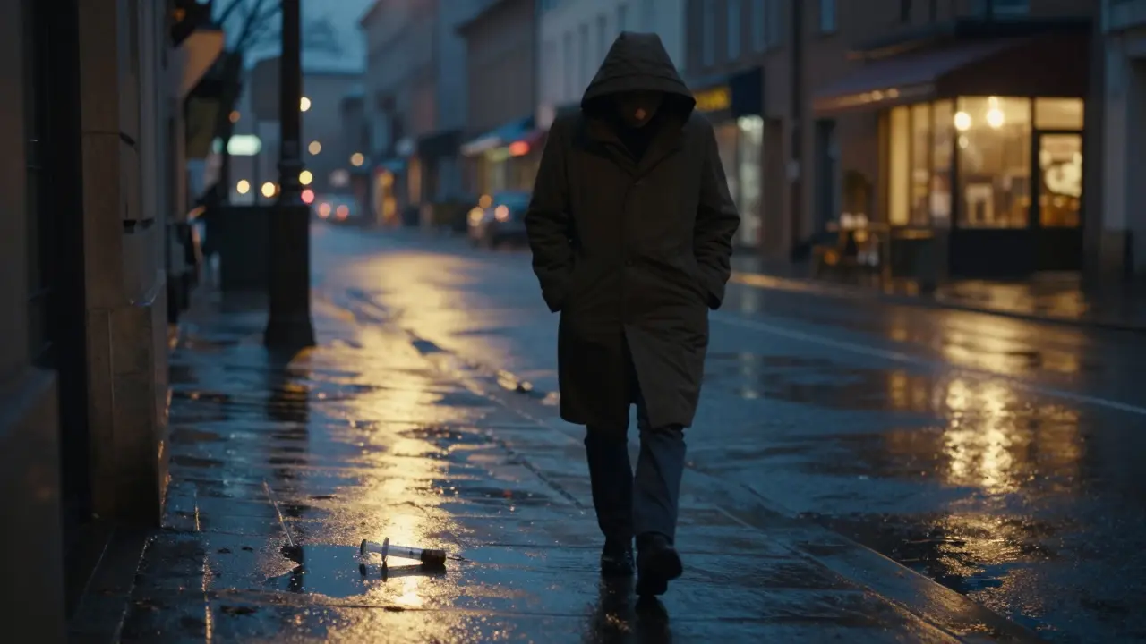 Osoba kráčí deštivou ulicí v noci, v kaluži leží rozbitá stříkačka, za ní teplé světlo kavárny.