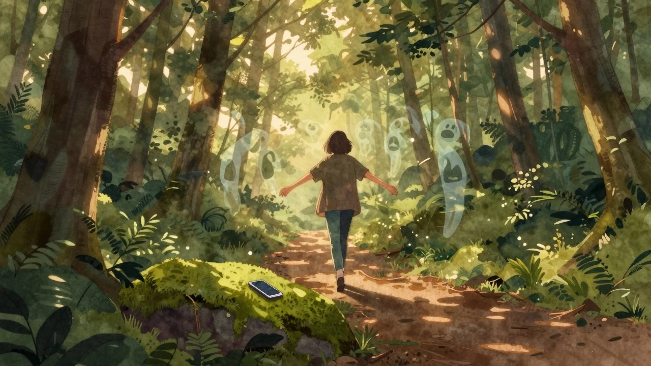 Osoba prochází lesem v záři západu, telefon zůstal na kameni.