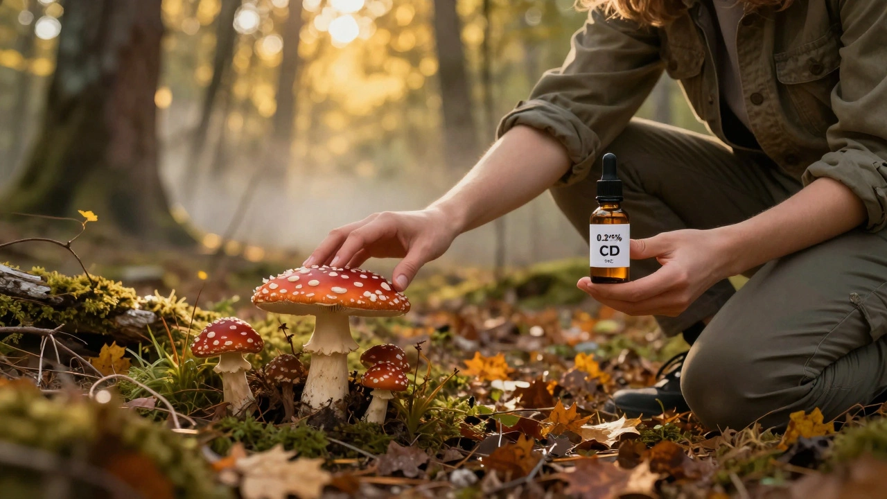 Osoba sbírá houby v lese s lahvičkou CBD oleje.