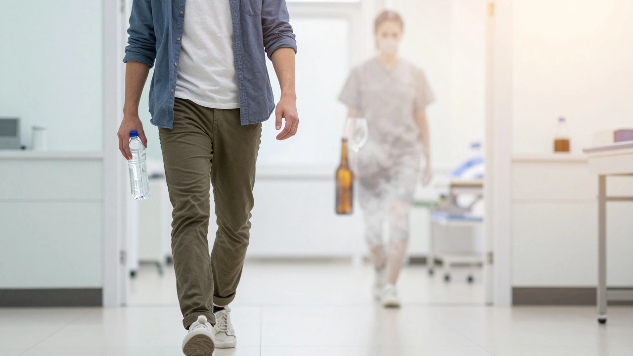 Osoba vstupuje do kliniky, zatímco za ní postupně mizí siluety alkoholických nápojů.