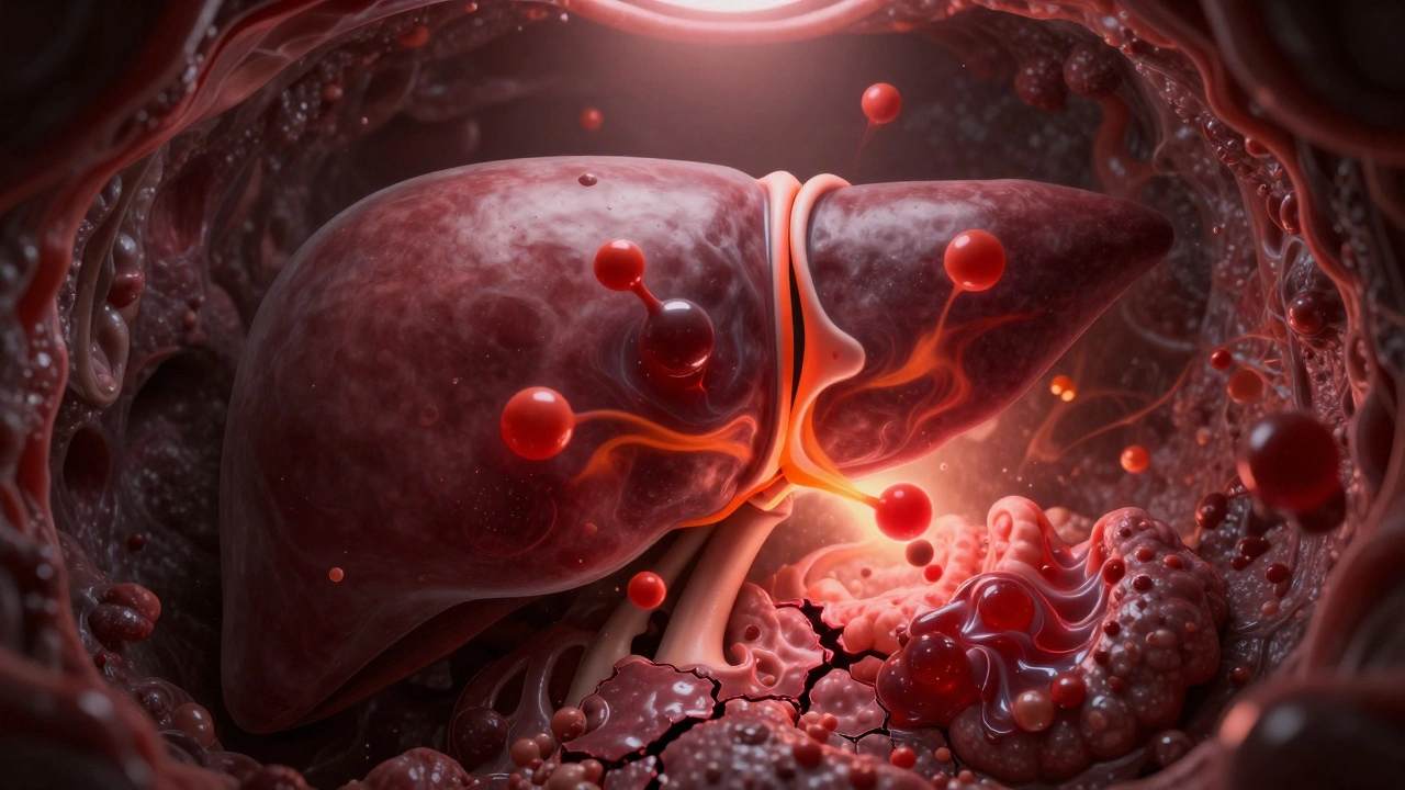 Poškozené játro s toxickými chemikáliemi a tukovými usazeninami