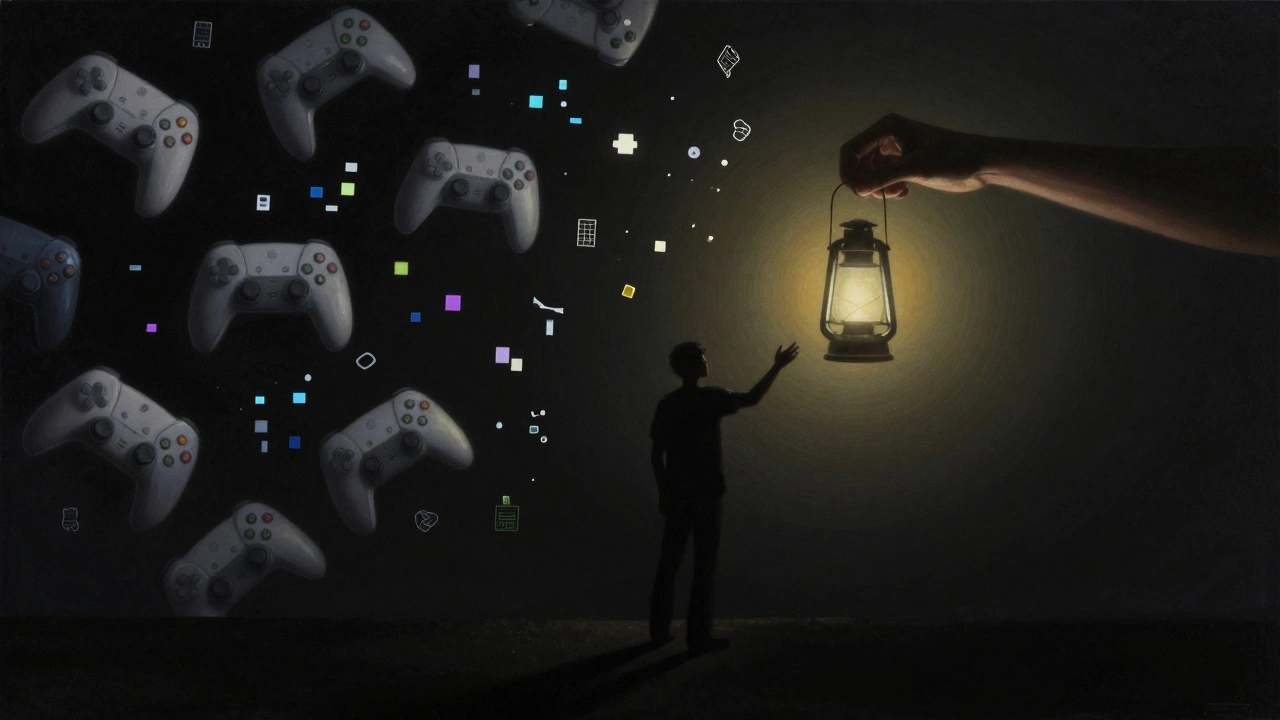 Postava táhne k světlu, zatímco digitální prvky hry se rozptylují do tmy.