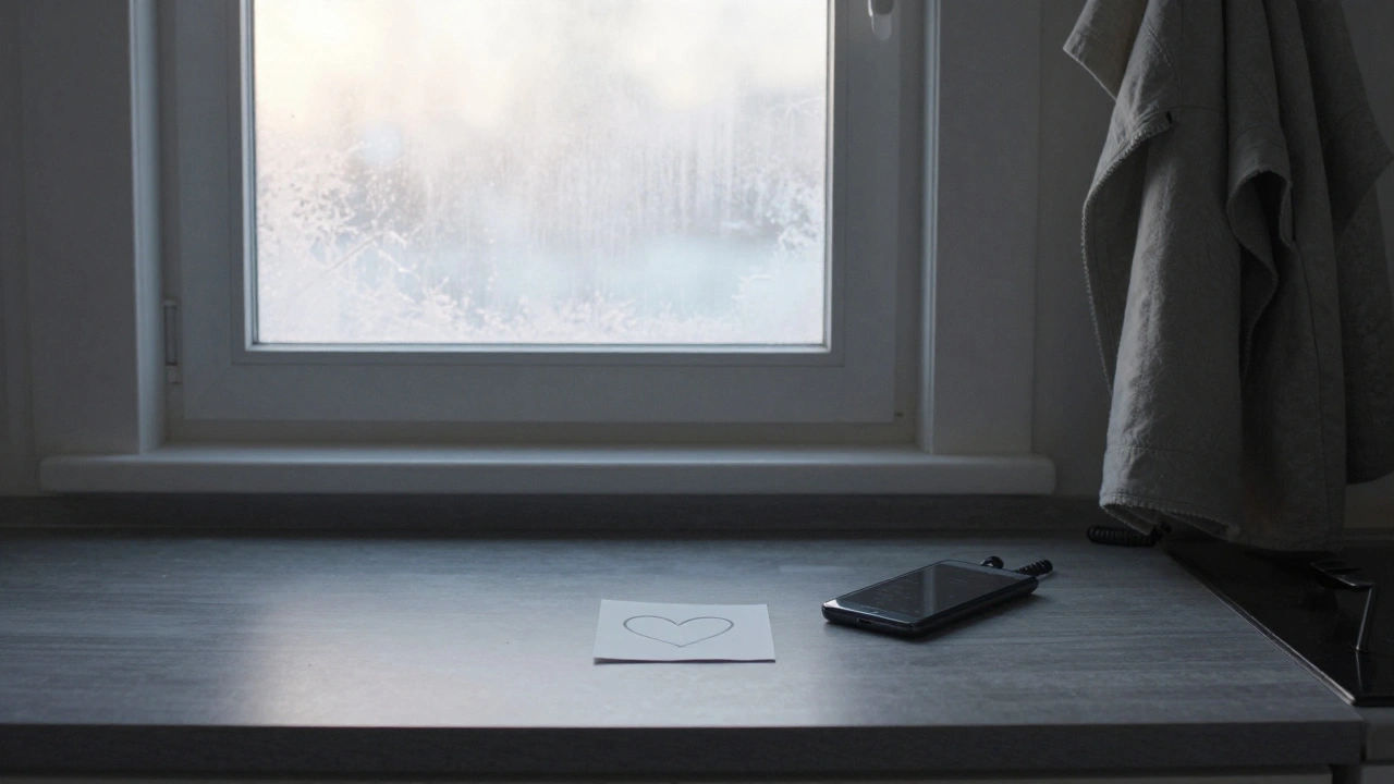 Prázdná kuchyně ráno, telefon na stole, kabát na židli, jednoduchá poznamenání s kresleným srdcem.