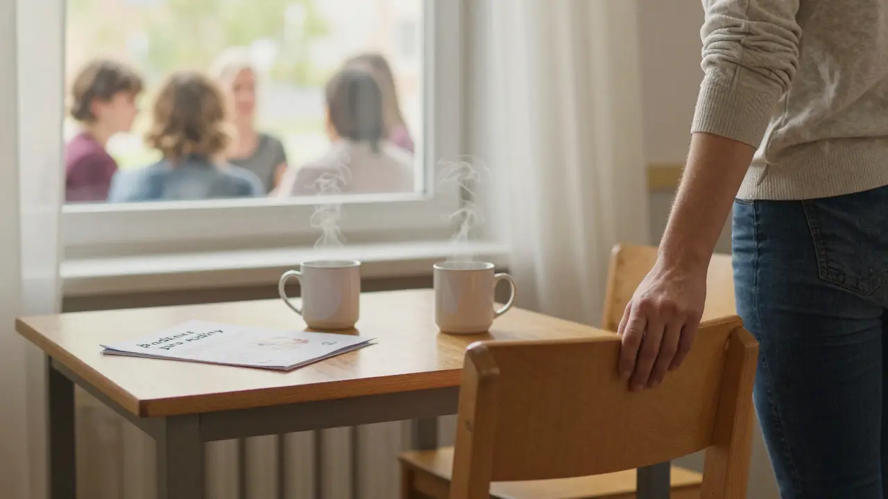 Prázdný židle v komunitním centru s kávou a letákem, symbolizující čekání a podporu rodin.