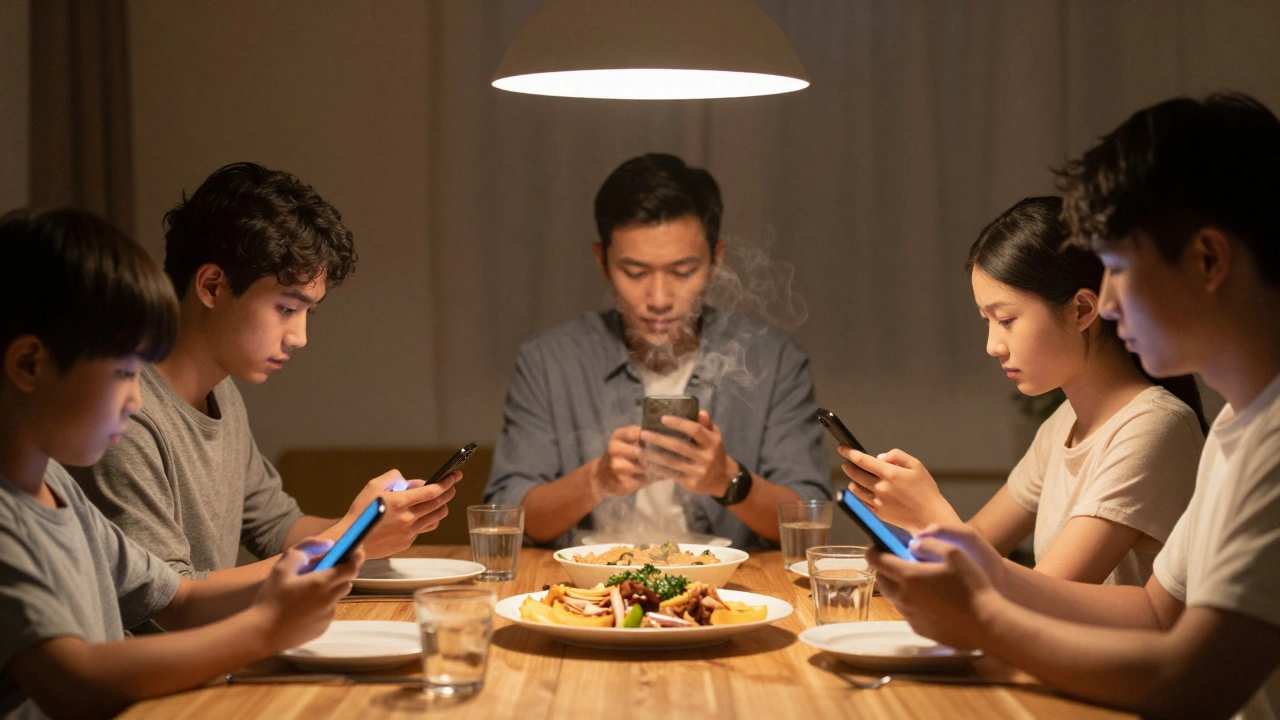 Rodina večeří spolu, ale každý je pohlcen svým telefonem, aniž by se podíval na druhého.