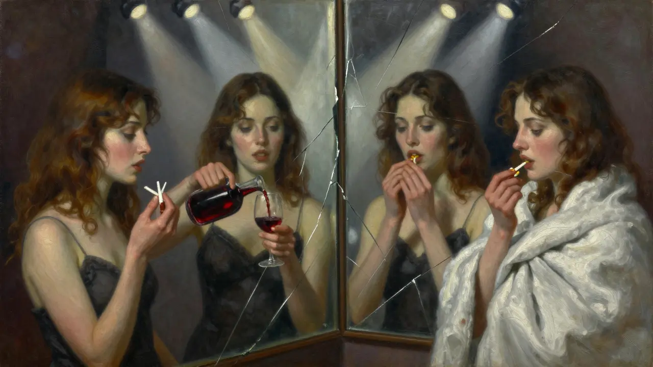 Rozdělené zrcadlo odrazuje čtyři verze ženy s různými drogami.