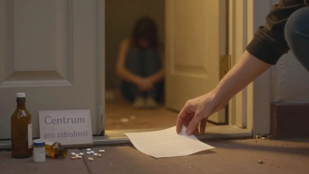 Ruka klade list papíru na práh domu, uvnitř člověk sedí v temnotě, jen světlo z ulice osvětluje dopis.